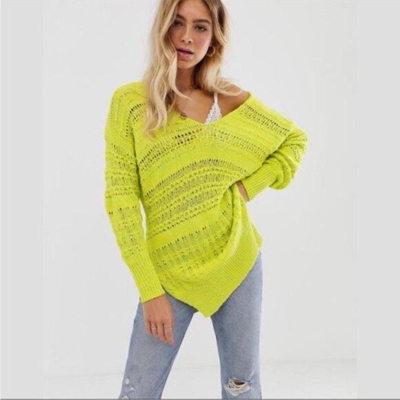 FREE PEOPLE Hot Tropics Open Knit Sweater Limelight Combo- Medium NWT - Picture 6 of 8